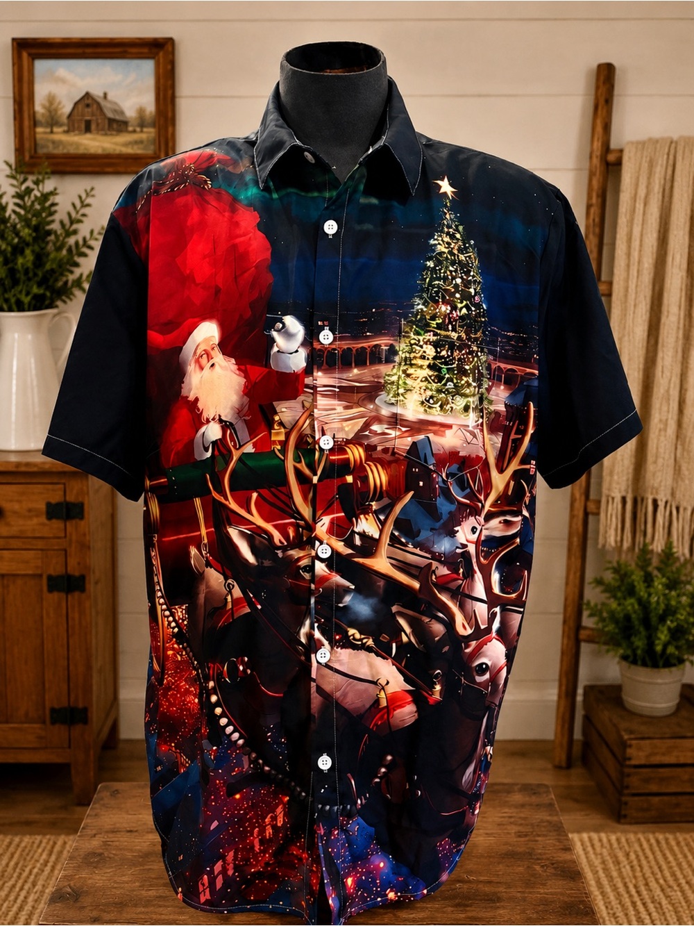 Men’s 2XL Christmas Santa Reindeer Button-Up Shirt Chest 25” Holiday